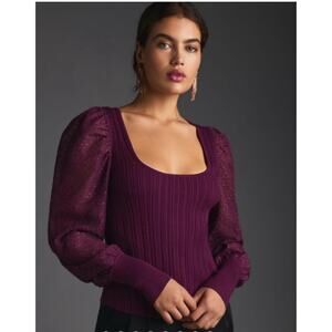 Anthropologie Plum Puff Sleeve Shimmer Ribbed Knit Sweater Sz 1x